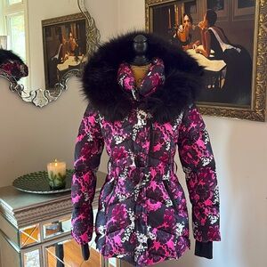 JOCELYN Fox Fur Designer Apres Ski Jacket Down Designer Black Pink Floral NWT S